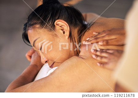 Relax, massage and senior with woman in spa for wellness, body treatment and hospitality. Peace, cosmetics and salon with back of asian customer and masseuse in hotel for health, holistic and beauty Relax, massage and senior with woman in spa for wellness, body treatment and hospitality. Peace, cosmetics and salon with back of asian customer and masseuse in hotel for health, holistic and beauty 119211678