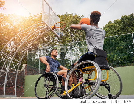 Wheelchair basketball player, shot and sports people play match competition, challenge or practice game skills, target or goal. Outdoor court, shooting workout and athlete with disability, training Wheelchair basketball player, shot and sports people play match competition, challenge or practice game skills, target or goal. Outdoor court, shooting workout and athlete with disability, training 119211679