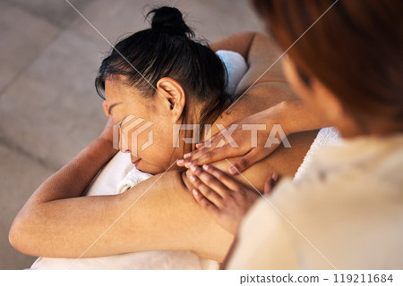 Wellness, massage and senior with woman in spa for relax, body treatment and hospitality. Peace, cosmetics and salon with Asian customer and masseuse in hotel for health, vacation or physical therapy Wellness, massage and senior with woman in spa for relax, body treatment and hospitality. Peace, cosmetics and salon with Asian customer and masseuse in hotel for health, vacation or physical therapy 119211684