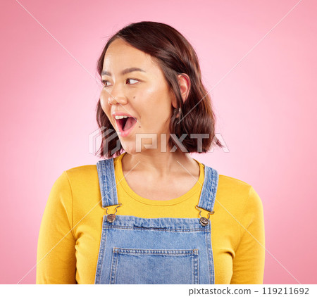 Wow, shock and surprise woman in studio with excited face for deal announcement, sale or promo on pink background. Happy facial expression, giveaway or notification for asian girl in casual fashion. 119211692