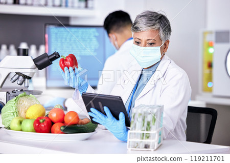 Female scientist, vegetables and lab with tablet for information on app or research for diet. Science, expert and study with technology for food or analysis with reading on agriculture or experiment. Female scientist, vegetables and lab with tablet for information on app or research for diet. Science, expert and study with technology for food or analysis with reading on agriculture or experiment. 119211701