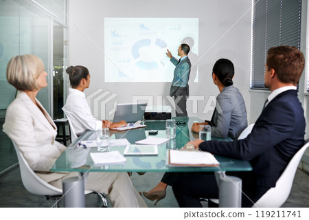 Presentation, business people and presenter with projector screen, graphs for planning meeting and info in conference room. Data analysis, statistics and research for corporate project with team 119211741