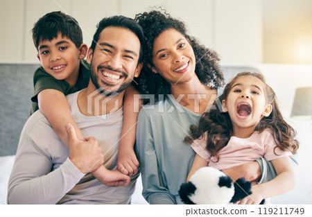 Portrait, happy and family in home bedroom, bonding and excited for funny laugh together. Face, children and parents, mother and father with care, love and smile for support in connection at house Portrait, happy and family in home bedroom, bonding and excited for funny laugh together. Face, children and parents, mother and father with care, love and smile for support in connection at house 119211749
