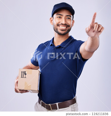 Studio, shipping box and delivery man press intercom, button and export sales product, retail stock or mail container. Supply chain, post package or happy person with push gesture on white background 119211836