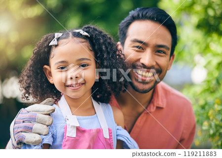 Gardening, portrait of dad and child in backyard with plants, teaching and learning with growth in nature. Farming, smile on face and father with girl in vegetable garden with love, support and fun. 119211883