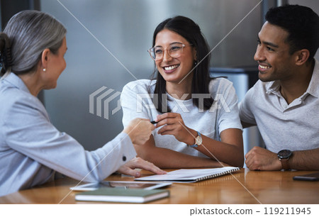 Advisor, paperwork and married couple in office, meeting and life insurance broker for future investment. Consultant, client and signing for safety or security, happy people and assurance or contract 119211945