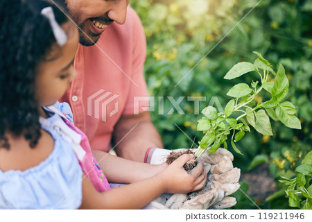 Garden, plant grow and happy child, father or family gardening, nature care or agriculture in backyard on Earth Day. Leaves, outdoor sustainability and learning kid, dad or green family teaching girl 119211946