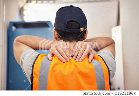 Construction, work and back of a man with pain from building, home renovation or handyman work. Massage, accident and a worker or contractor with muscle fatigue, problem or an injury from labor 119211967