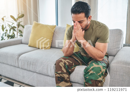 Counselling, trauma and military man at therapist for help with depression or anxiety on sofa. Army veteran, problem and therapy for ptsd is frustrated in living room for mental health or sad. Counselling, trauma and military man at therapist for help with depression or anxiety on sofa. Army veteran, problem and therapy for ptsd is frustrated in living room for mental health or sad. 119211971