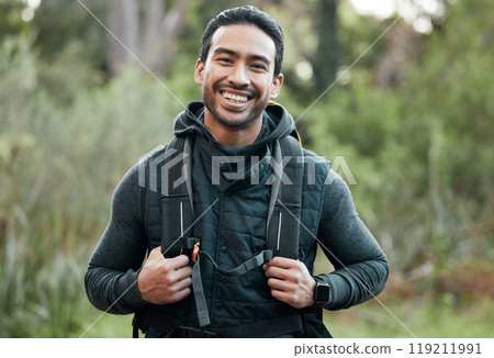 Man, backpack and portrait with smile, happy and camping travel in the forest for holiday. Exercise, trekking workout and hiking in the woods for vacation with freedom in nature on a journey 119211991