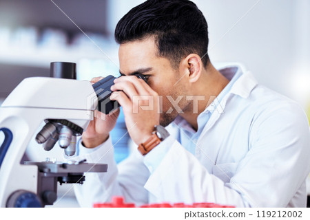 Science, check microscope and man in laboratory for research, test and sample analysis. Healthcare, biotechnology and scientist with medical equipment for vaccine development, analytics and medicine 119212002