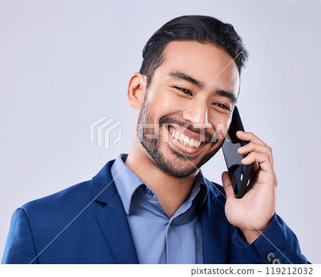 Business, phone call or man with a smile, communication or entrepreneur on a white studio background. Person, employee or lawyer with a smartphone, contact with conversation or discussion with a deal 119212032
