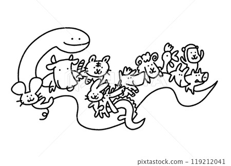 Cute illustration of the zodiac riding a snake, 12 zodiacs, New Year's material, 2025, hand-drawn 119212041
