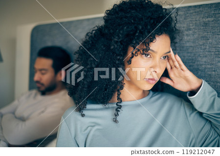 Couple, fight and stress in bedroom for divorce, anger and thinking of breakup, cheating and anxiety. Face of frustrated, sad and depressed woman with partner in bed for conflict, argument and drama Couple, fight and stress in bedroom for divorce, anger and thinking of breakup, cheating and anxiety. Face of frustrated, sad and depressed woman with partner in bed for conflict, argument and drama 119212047