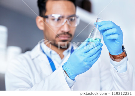 Glass flask, laboratory and scientist man for research, medical analysis and exam or healthcare investigation. Focus, blue liquid and science person, expert or doctor with test, chemistry or medicine Glass flask, laboratory and scientist man for research, medical analysis and exam or healthcare investigation. Focus, blue liquid and science person, expert or doctor with test, chemistry or medicine 119212221