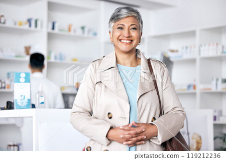 Pharmacy, store and woman customer in portrait for healthcare, medicine and happy services. Face of mature person for clinic or medical support and information at desk or counter for health shopping 119212236