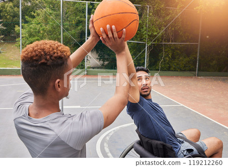 Sports player, wheelchair basketball or people shooting, defence and practice target, goal and aim ball. Outdoor training, athlete competition or player workout, court fitness and men with disability 119212260