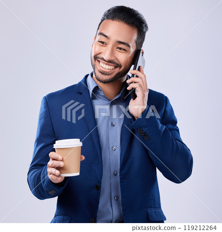 Conversation, coffee and a man on a phone call with a studio background for an idea or contact. Smile, vision and an Asian businessman with a drink and talking on a mobile for work or communication Conversation, coffee and a man on a phone call with a studio background for an idea or contact. Smile, vision and an Asian businessman with a drink and talking on a mobile for work or communication 119212264