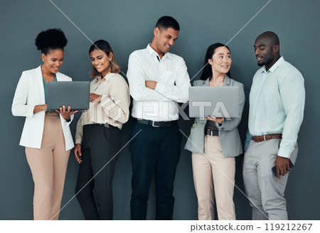 Business people, group and laptop by wall background in office, corporate startup and coaching with happiness. Young executive team, diversity and mentor with men, women and computer for learning Business people, group and laptop by wall background in office, corporate startup and coaching with happiness. Young executive team, diversity and mentor with men, women and computer for learning 119212267