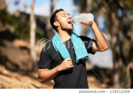 Man, break and drinking water with towel in outside for relief with fitness, thirsty and exhausted in nature for training. Exercise, runner and sport in woods for marathon with wellness for health Man, break and drinking water with towel in outside for relief with fitness, thirsty and exhausted in nature for training. Exercise, runner and sport in woods for marathon with wellness for health 119212268