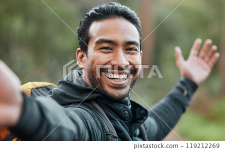 Hiking man, selfie and smile outdoor with pride, show environment and adventure in forest for wellness. Guy, photography and memory with profile picture, live streaming or post on social network 119212269