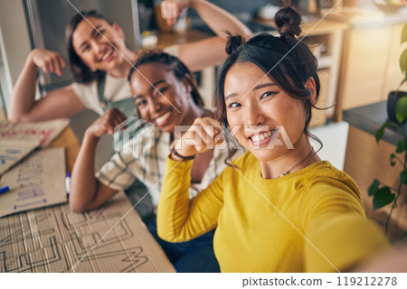 Friends, women and selfie with strong arm flex and banner at home bond, fun and power at home. Portrait, feminist or influencer people with diversity fist for social media, blog or profile picture 119212278