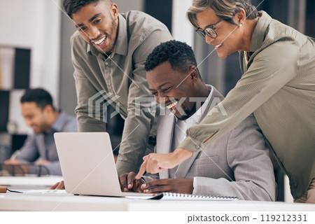 Business people, excited and laptop with email, success and achievement with positive news, online reading and smile. Group, staff or agent with computer, prize and giveaway with approval for funding Business people, excited and laptop with email, success and achievement with positive news, online reading and smile. Group, staff or agent with computer, prize and giveaway with approval for funding 119212331