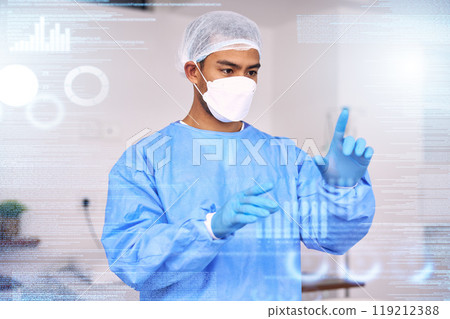 Connection, overlay and futuristic doctor press digital medical data for medicine research in hospital or clinic. Technology, information and professional working on internet or online for healthcare 119212388