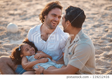 Gay couple, relax and laughing with family at beach for seaside holiday, support and travel. Summer, vacation and love with men and child in nature for lgbtq, happiness and bonding together Gay couple, relax and laughing with family at beach for seaside holiday, support and travel. Summer, vacation and love with men and child in nature for lgbtq, happiness and bonding together 119212416