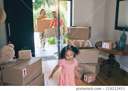 Gay father, moving and girl child running in new home with motion blur, playing or excited to start life at property. LGBTQ men, kid and cardboard package for real estate, adoption and family house 119212451