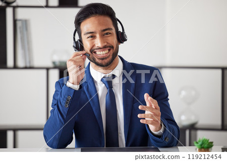 Customer service portrait, smile and business man consulting on help desk support, telecom or sales pitch. Telemarketing communication, contact us or professional person talking in call center office 119212454