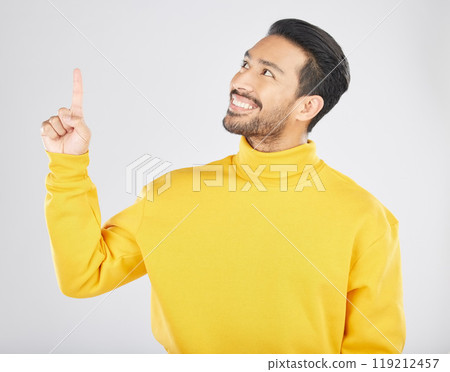 Announcement, pointing and thinking man with promotion, deal and logo isolated in a studio white background with smile. Choice, ambassador and happy person showing advertising, news or notification Announcement, pointing and thinking man with promotion, deal and logo isolated in a studio white background with smile. Choice, ambassador and happy person showing advertising, news or notification 119212457