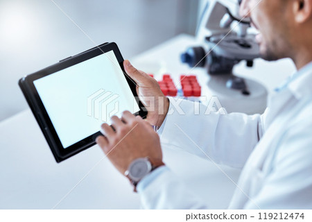 Scientist hand, tablet screen and laboratory with mockup space, typing or research on app for pharma development. Pharmaceutical expert man, digital touchscreen or search for innovation in healthcare Scientist hand, tablet screen and laboratory with mockup space, typing or research on app for pharma development. Pharmaceutical expert man, digital touchscreen or search for innovation in healthcare 119212474