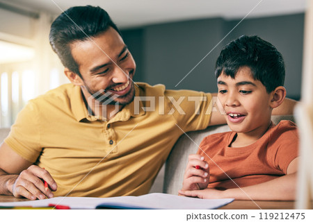 Help, father and boy with homework, notebook and conversation with education, learning and knowledge. Family, dad and kid writing, support and studying with child development, advice and speaking 119212475