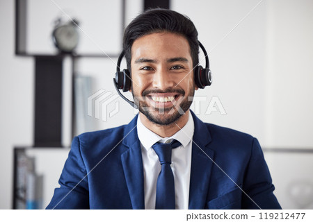 Customer service portrait, happiness and business man consulting on technical support, telecom or ecommerce. Telemarketing communication, face and corporate person happy in call center administration Customer service portrait, happiness and business man consulting on technical support, telecom or ecommerce. Telemarketing communication, face and corporate person happy in call center administration 119212477