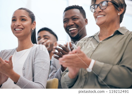 Business people, applause and celebration in team meeting for congratulations, support or success in boardroom. Professional, diversity and employees clapping for conference, presentation or workshop Business people, applause and celebration in team meeting for congratulations, support or success in boardroom. Professional, diversity and employees clapping for conference, presentation or workshop 119212491