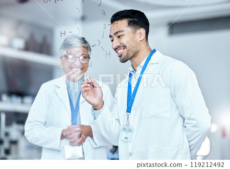 Scientist, team and equation on glass board, brainstorming with medical research, chemistry or physics. Man, senior woman and science collaboration with formula, information and happy people in lab Scientist, team and equation on glass board, brainstorming with medical research, chemistry or physics. Man, senior woman and science collaboration with formula, information and happy people in lab 119212492