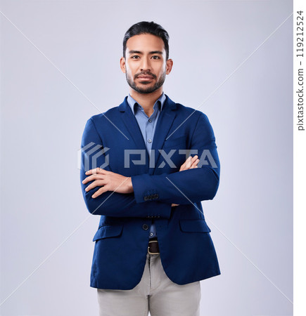 Portrait, serious and business man with arms crossed in studio isolated on a white background mockup space. Professional, entrepreneur and confident worker, employee and Mexican consultant in suit. Portrait, serious and business man with arms crossed in studio isolated on a white background mockup space. Professional, entrepreneur and confident worker, employee and Mexican consultant in suit. 119212524