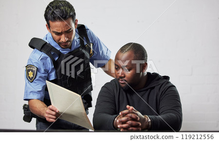 Policeman, criminal and handcuffs with documents for interrogation, question or arrest in fraud, scam or crime. Law enforcement officer talking to prisoner or thief with paperwork in prison or jail 119212556