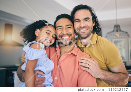 LGBT, portrait and girl child hug parents, happy and smile while enjoying family time in their home together. Gay, love fathers with foster kid in a living room embrace, sweet and care in their house 119212557