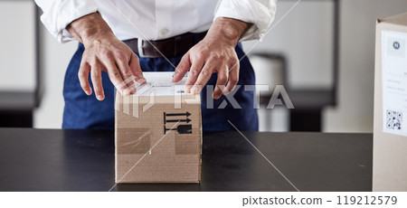 Sticker, delivery or hands of businessman with box for ecommerce, courier cargo or distribution service. Shipping, order label or entrepreneur sending a post package, freight parcel or mail product Sticker, delivery or hands of businessman with box for ecommerce, courier cargo or distribution service. Shipping, order label or entrepreneur sending a post package, freight parcel or mail product 119212579
