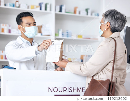 Pharmacist, package and customer in face mask for healthcare support, service and virus compliance in store. Medical doctor and sick patient with paper bag, covid medicine and pharmacy or clinic desk 119212602