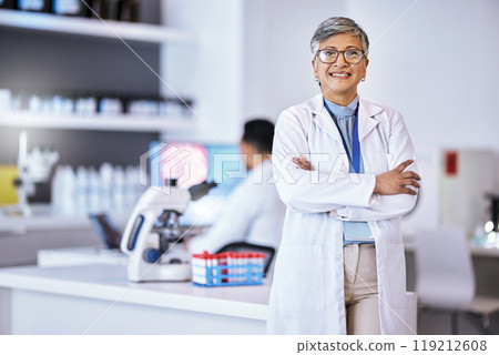 Portrait, research and senior woman with arms crossed, medical and success with lab equipment, smile and development. Female person, confident and healthcare professional with science and innovation Portrait, research and senior woman with arms crossed, medical and success with lab equipment, smile and development. Female person, confident and healthcare professional with science and innovation 119212608