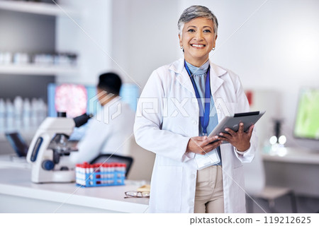 Senior scientist, woman with tablet and portrait, digital science data for medical research in lab. Biotech, female doctor with scientific experiment results and future, investigation and knowledge 119212625