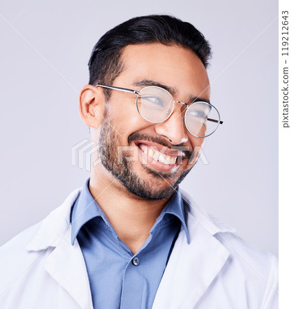 Happy, smile and man doctor in a studio with glasses for vision, eye care and wellness. Pride, confidence and headshot of an Indian male healthcare professional with spectacles by white background. 119212643