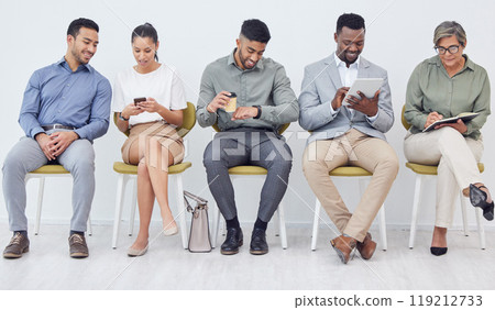 Hiring, waiting room and group of business people in line for recruitment, interview or job opportunity in office. Hr, candidate and diversity of staff in queue for career search, talking or network 119212733