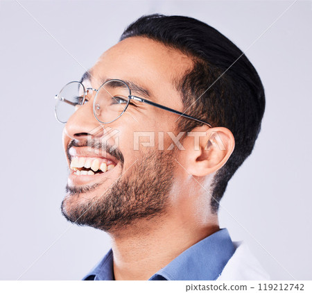 Thinking, doctor and man with glasses, solution and problem solving on white studio background. Person, model or medical professional with eyewear, clear vision or opportunity with decision or choice 119212742