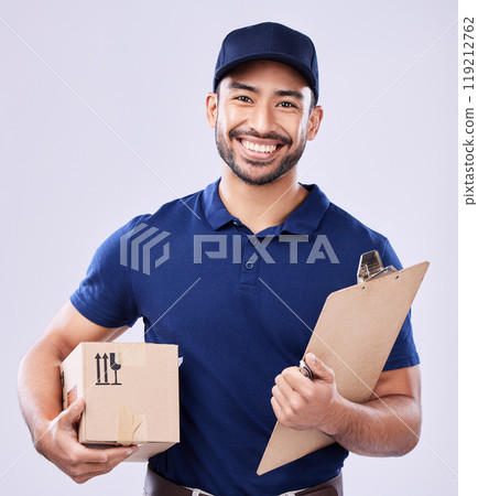 Smile, portrait and delivery man with boxes, and clipboard for transport for ecommerce supplier product. Package, logistics and happy courier person on white background for online sales and services. 119212762