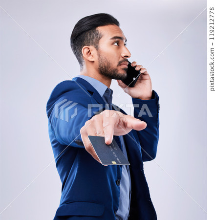 Business man, credit card or phone call in studio for communication or fintech payment. Asian person with smartphone for membership subscription, account authorization or bank info on grey background 119212778
