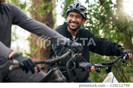 Bike, happy and cycling with friends in nature for fitness, health and partnership. Teamwork, motivation and sports adventure with men training in forest for wellness, workout and freedom together 119212799